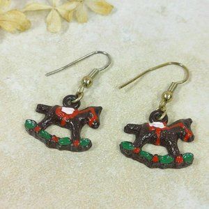 Vintage Rocking Horse Earrings Jewelry Black Steed Toy Red Saddle Dangle Earring